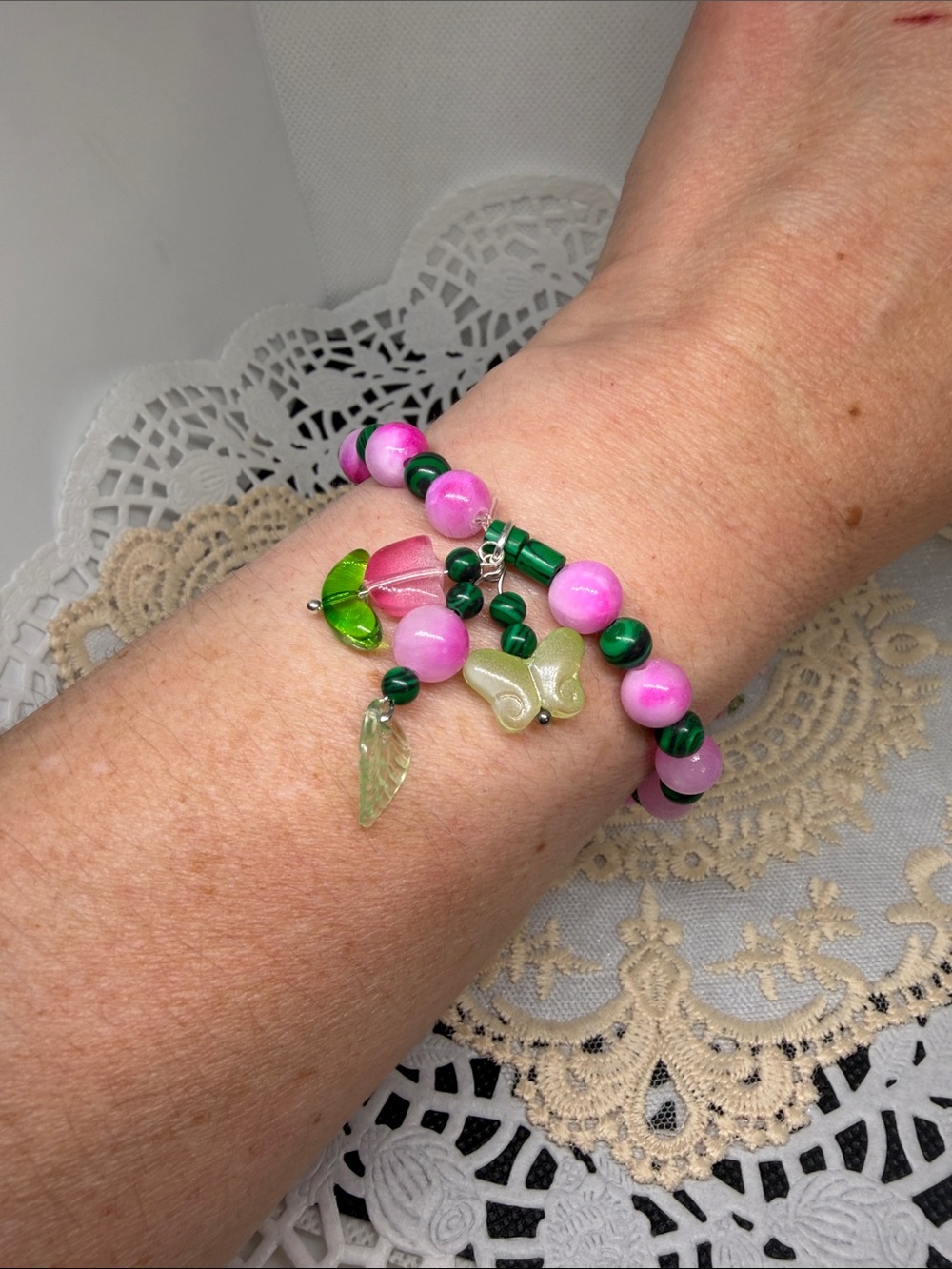 Natural Pink Jade & Green Malachite Stretch Bracelet Handmade Cottagecore